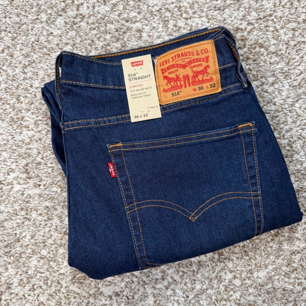 Levi's 514 Straight Jeans Men's 36(38)x32 Dark Indigo Stretch Low Rise Denim